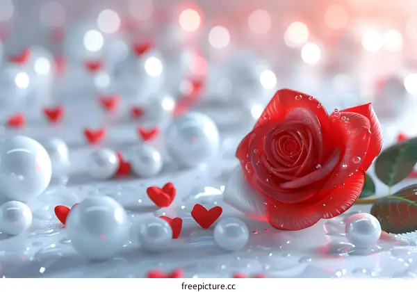 A red rose with many white pearls and red hearts