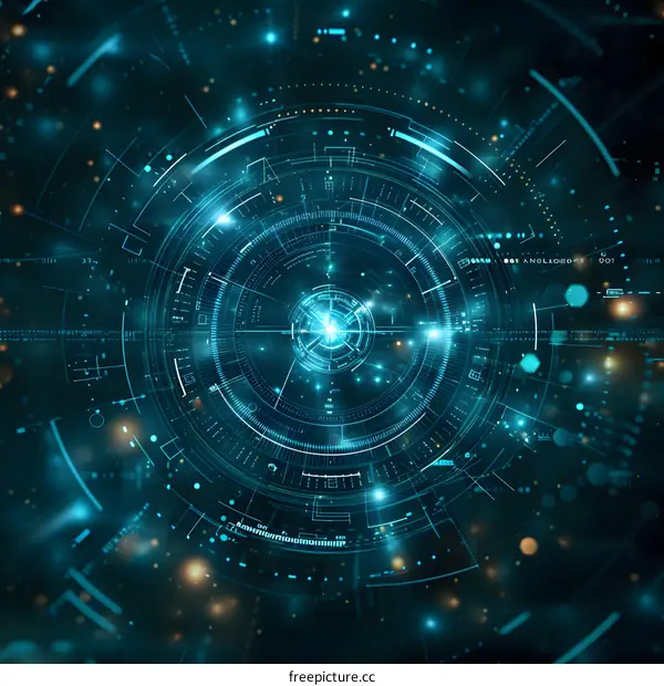 Blue technology background with circles and lights.