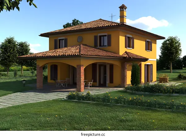 Modern Yellow House With Brown Roof And Patio