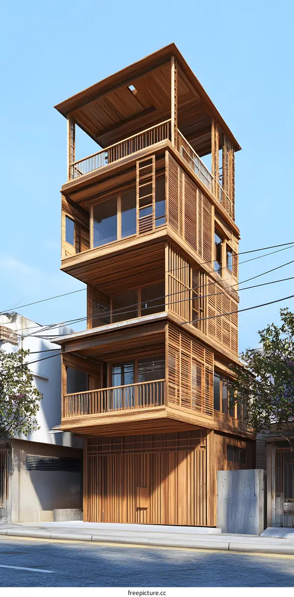 Modern Wooden House With Balconies and Windows Design