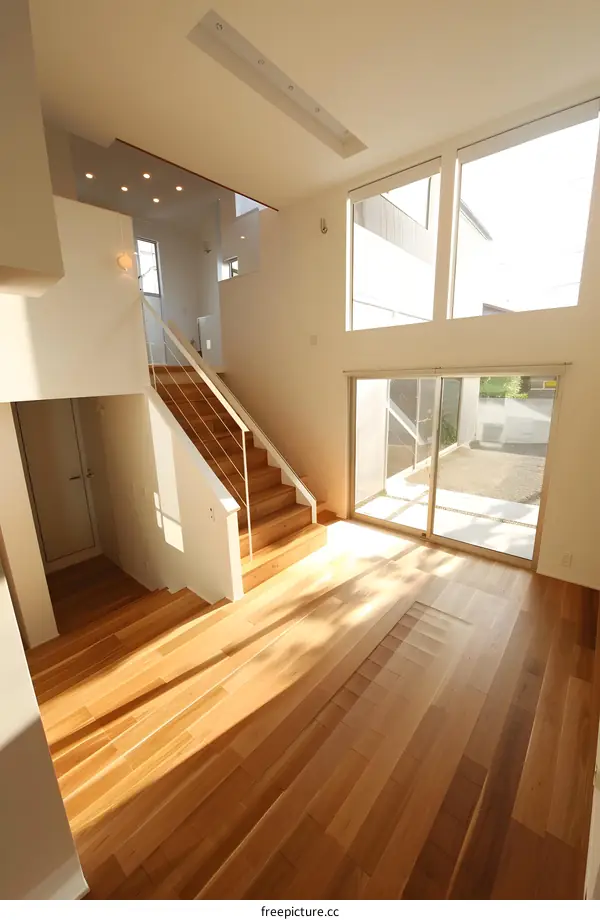 Modern Interior Design with Wooden Stairs and Large Windows