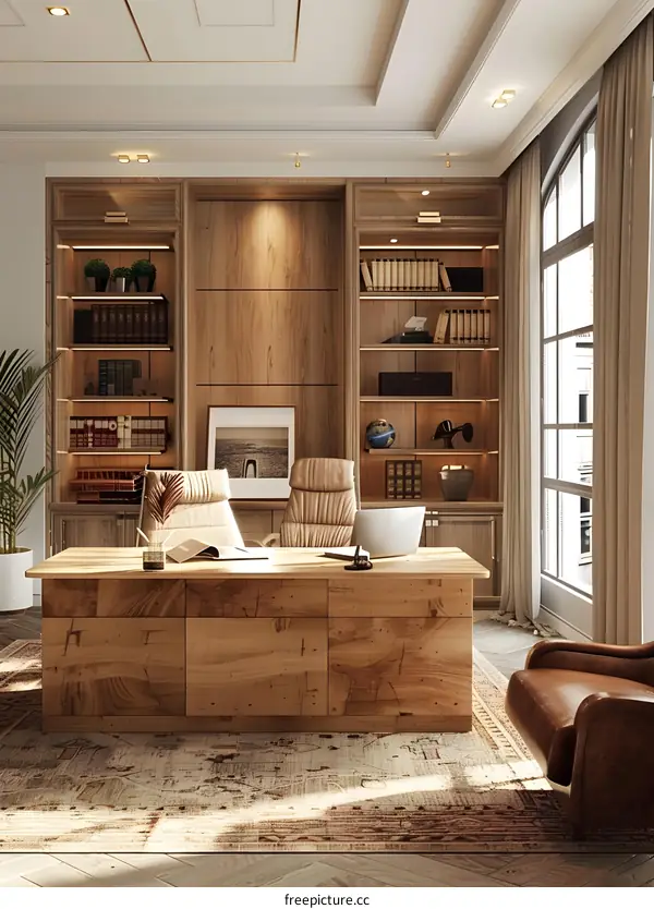 Modern Home Office Interior Design with Wooden Desk and Bookshelves