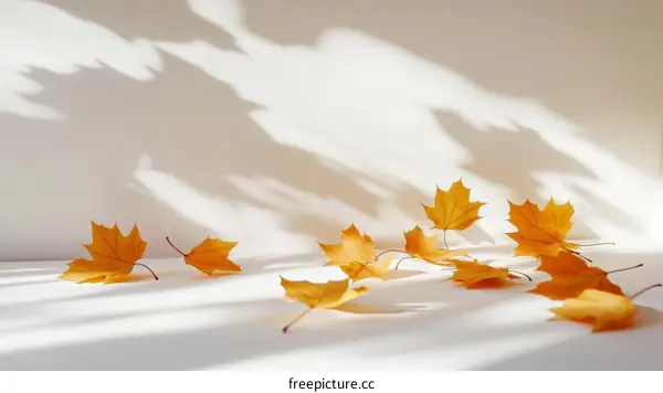 Autumn Leaves on a White Surface with Shadows