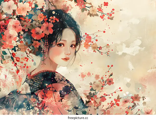 Japanese Woman in Floral Kimono with Cherry Blossoms