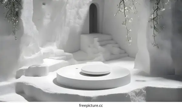 Minimalist White Cave Scene with Podium and Floral Decorations