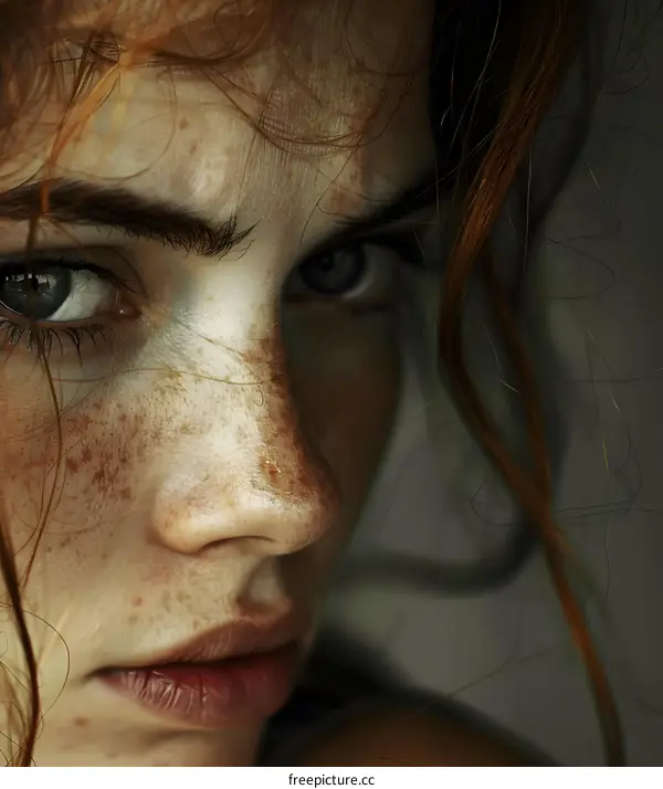 Portrait of a young woman with freckles