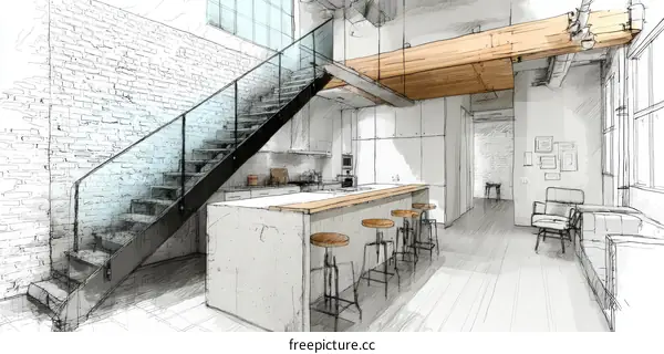 Architectural Sketch of Modern Kitchen and Staircase