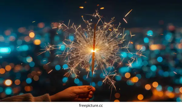 Hand holding a lit sparkler against a blurred background of city lights at night