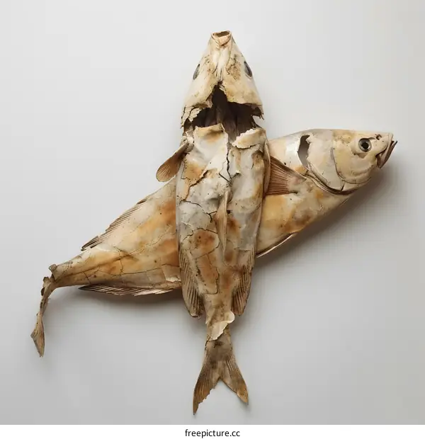 Two dried fish are placed on a white background to form a V shape