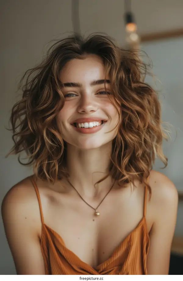 Smiling young woman with curly hair