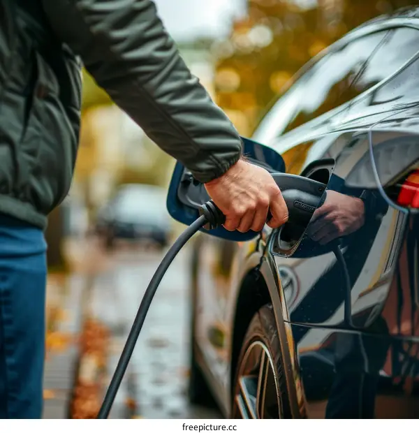 Man Plugs In Electric Car