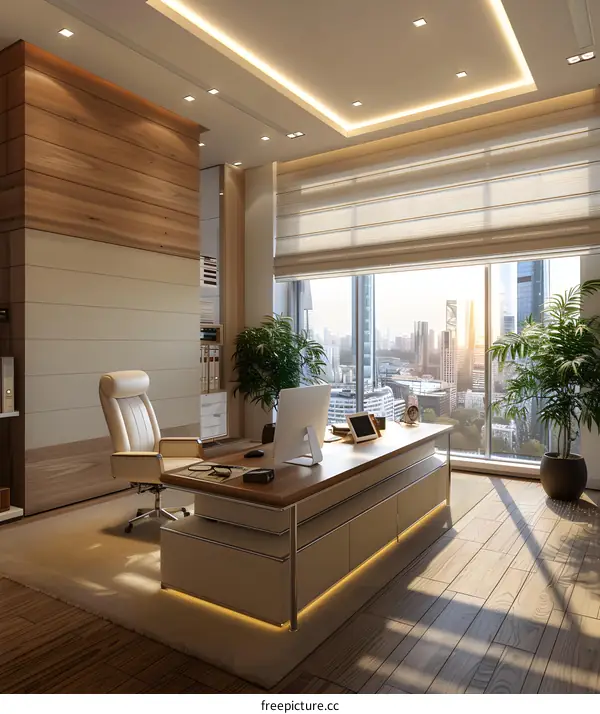 Office interior with large windows and a city view