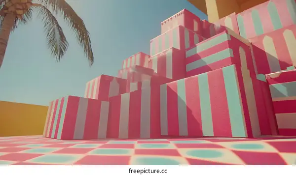 Striped Pink and Green Geometric Boxes in Front of Palm Tree
