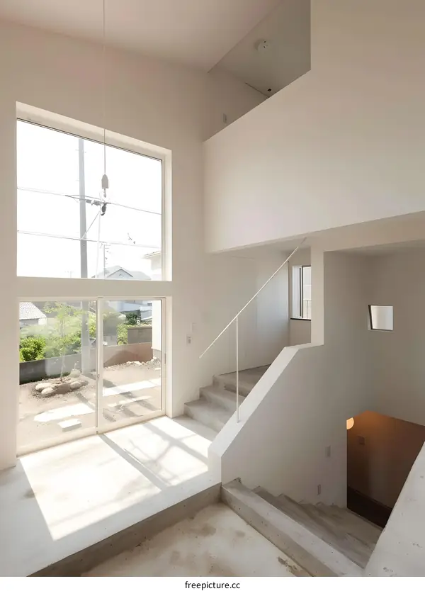 Modern Minimalist Interior Design with Stairs and Large Windows