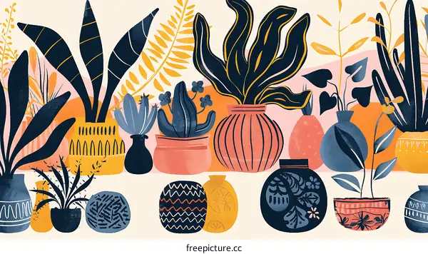 Colorful Illustrated Plants In Pots