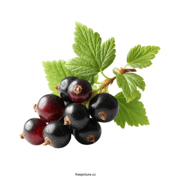 [Transparent Background PNG]Fresh Black Currants with Leaves Close-up