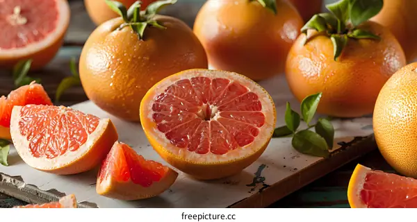 Fresh Whole Grapefruits Cut in Half on a Wooden Cutting Board