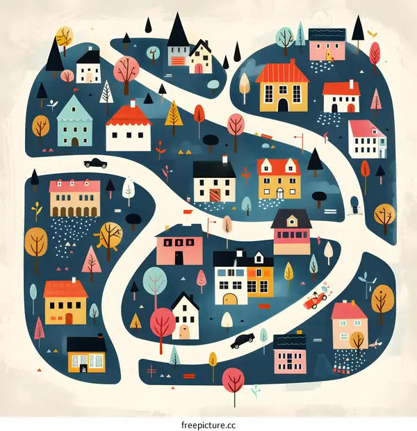 Colorful Cartoon Illustration of a Small Town