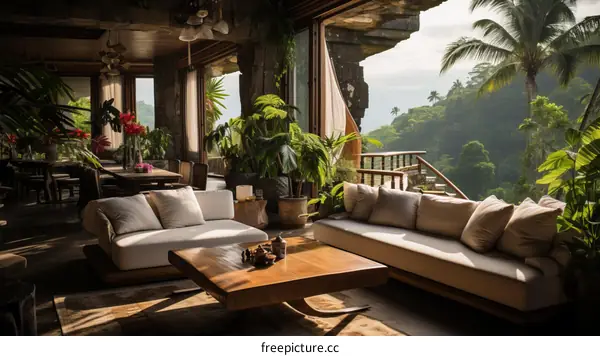 Modern organic interior design living room with amazing tropical jungle views