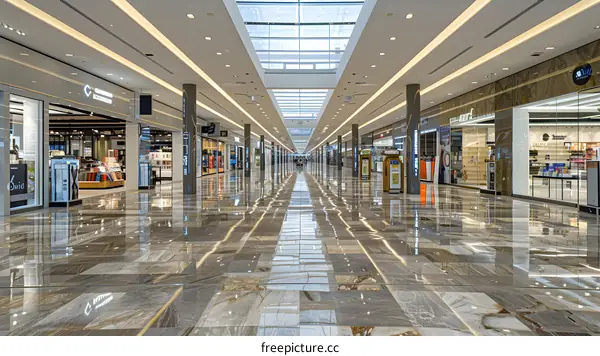 Empty Shopping Mall Interior with Polished Floor and Glass Windows