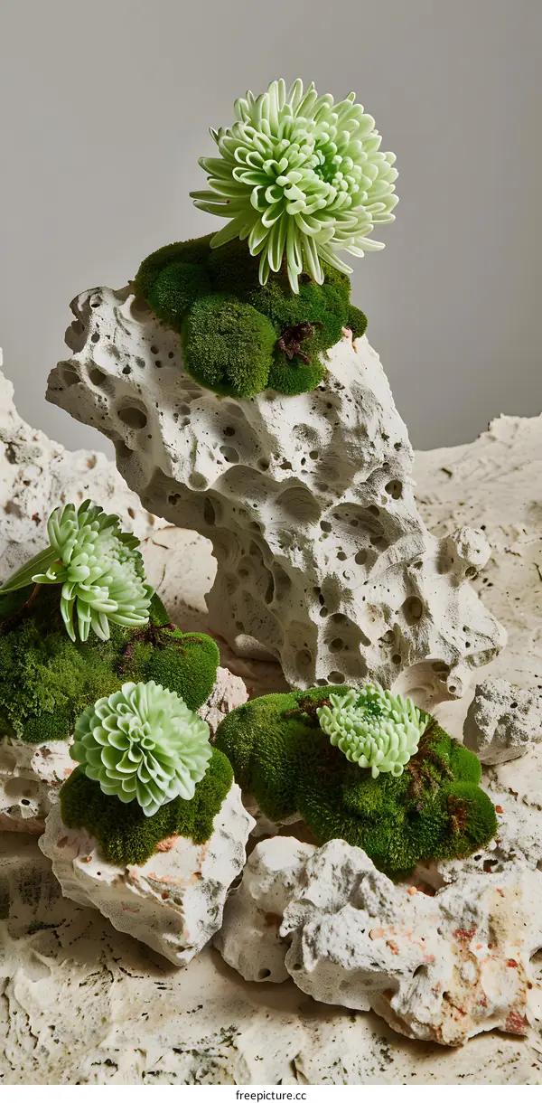 Green Flowers on a Stone and Moss Arrangement