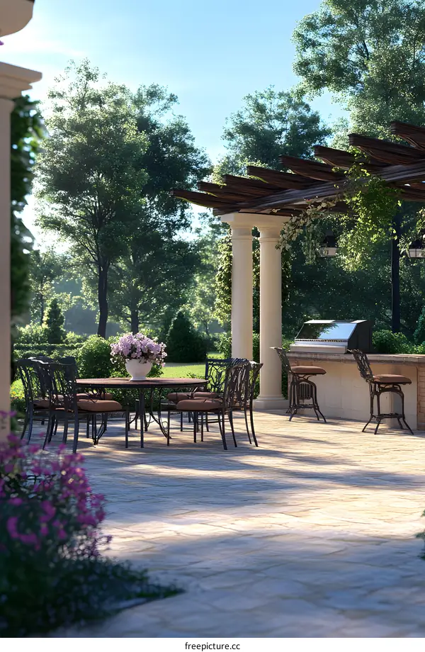 Outdoor Patio Design with Pergola and Dining Table
