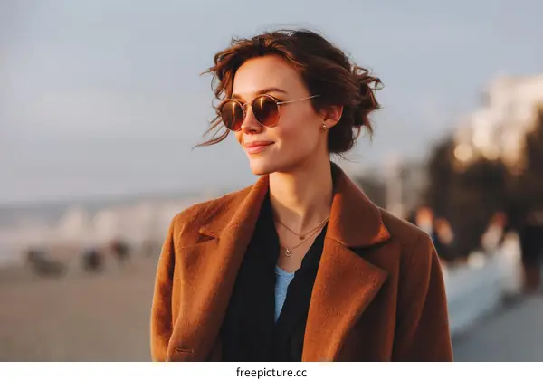 Stylish Woman in a Brown Coat by the Beach