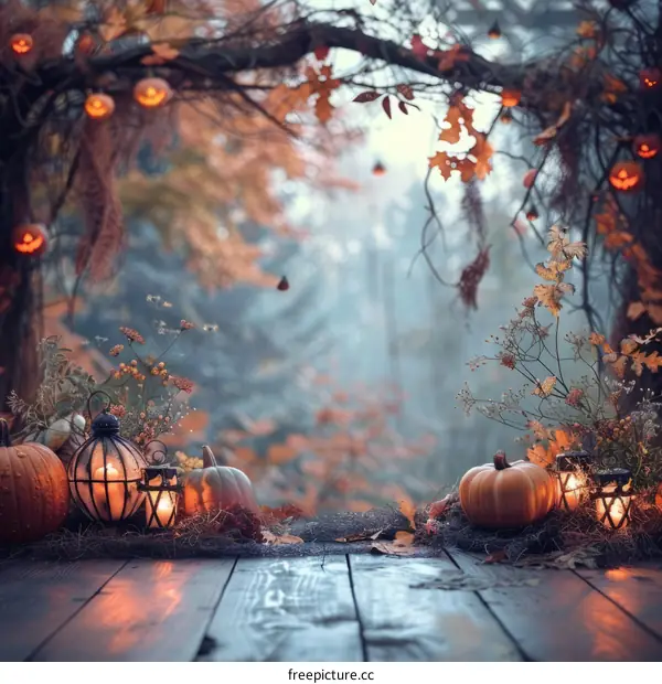 Mystical Autumn Forest with Halloween Pumpkin and Jack-o'-Lantern