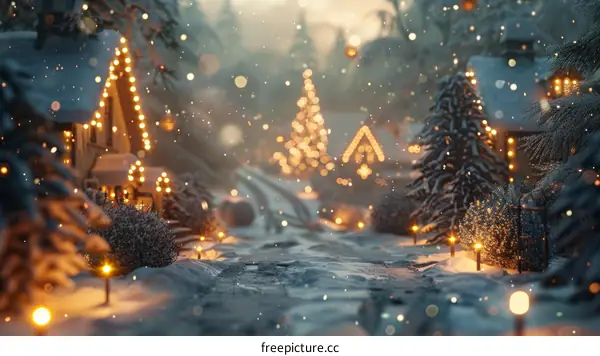 Snow-covered Village Street with Decorated Christmas Tree