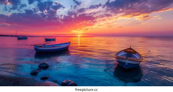 Sunset over the Sea with Boats on the Beach
