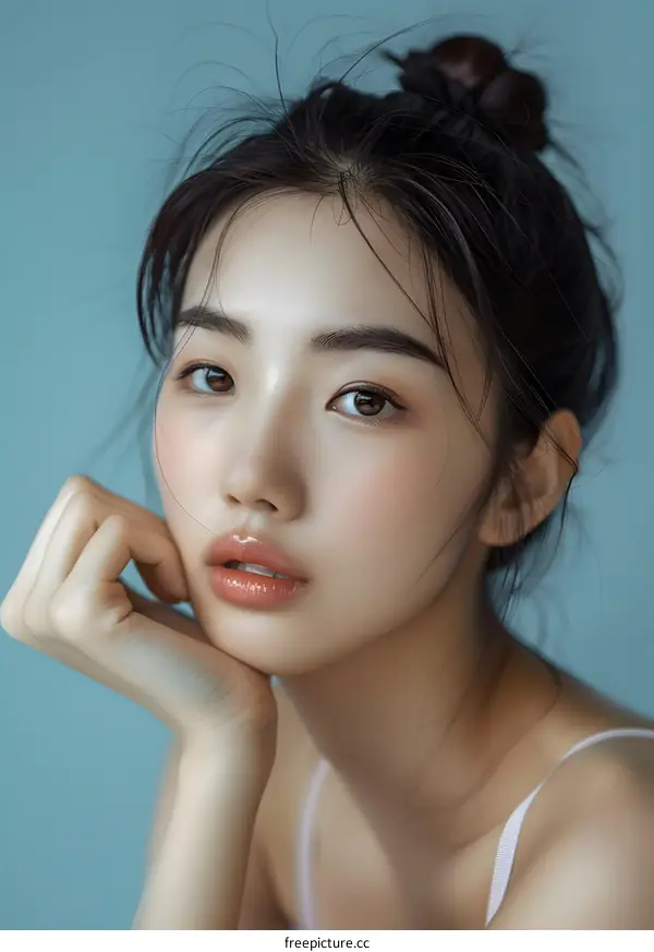 Beautiful Asian Woman with Makeup and Hair Up in a Bun