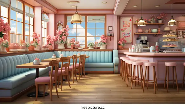 Pink and blue retro diner with large windows and pink flowers