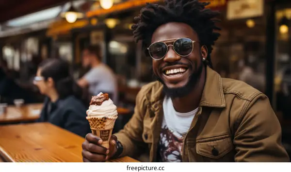 A young African-American man is eating an ice cream cone.