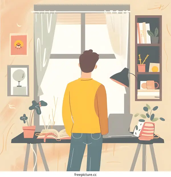 Man Standing at Window with Book and Laptop