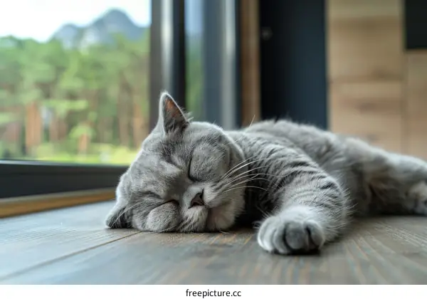 Gray Cat Sleeping on Wooden Floor