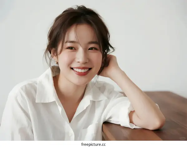 A Young Asian Woman Wearing White Shirt with Natural Smile