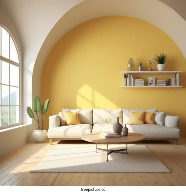 A bright and airy living room with a large arched window, a white sofa, and a yellow accent wall