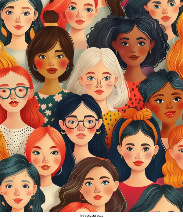 A diverse group of women with different skin tones, hair colors, and facial features