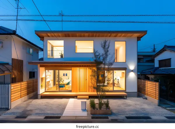 Modern Two Story White House With Wooden Accents And Gravel Yard