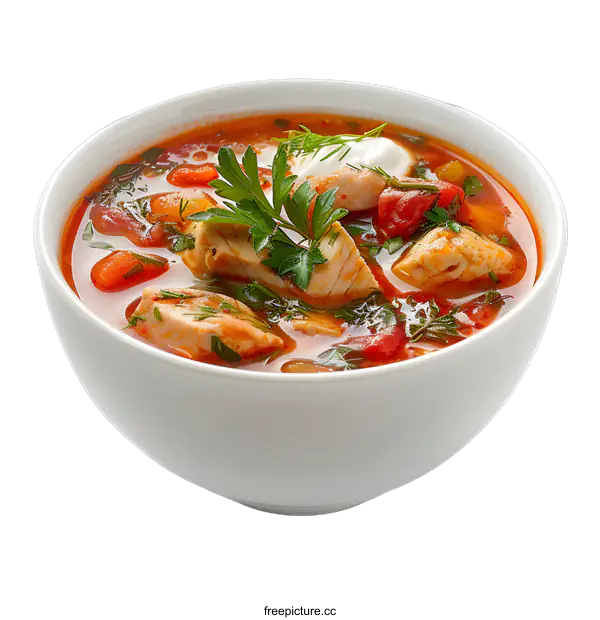 [Transparent Background PNG]Bowl of hot chicken soup with tomatoes and parsley