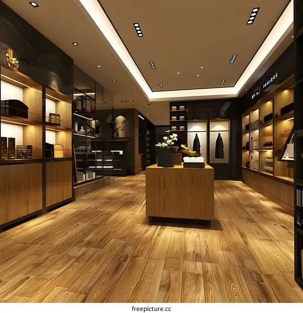 Modern Store Interior Design with Wooden Floor and Shelving