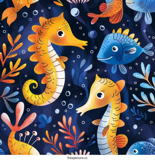 Underwater Pattern with Seahorses and Tropical Fish