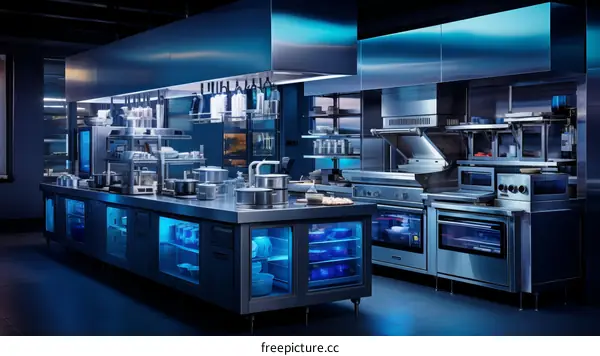 A modern commercial kitchen with stainless steel appliances and blue lighting