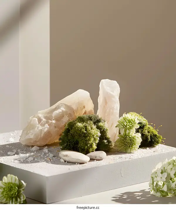 White and Green Stones with Flowers on a Light Brown Background