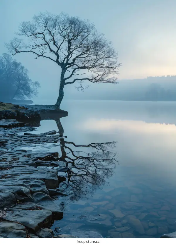 A Solitary Tree by the Tranquil Lake at Dawn