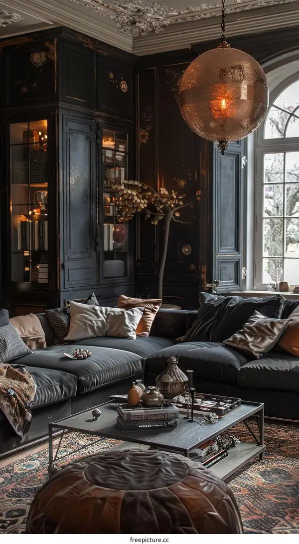 Modern Living Room Interior Design with Black Walls and a Cozy Atmosphere