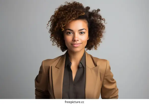 A young woman with curly hair wearing a suit is smiling at the camera