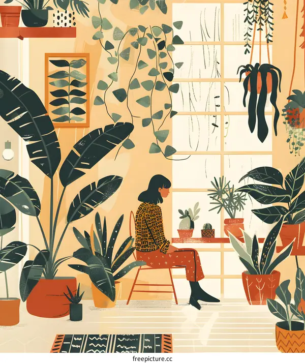 Woman Sitting Among Plants In A Room