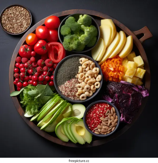 A wooden plate full of healthy food, including fruits, vegetables, and grains