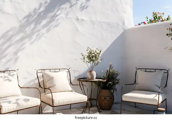 White Wall Patio With Metal Chairs And Flowers